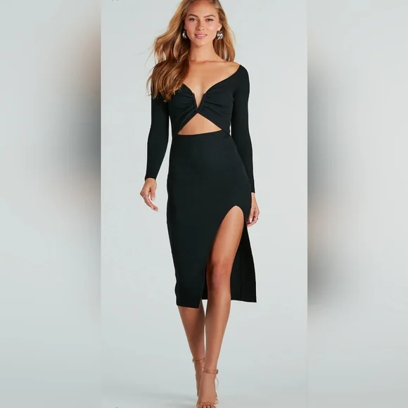 high slit sweater dress Black Ribbed Knit Off Shoulder Side Slit Sweater Dress – The Prissy Pelican main image 0